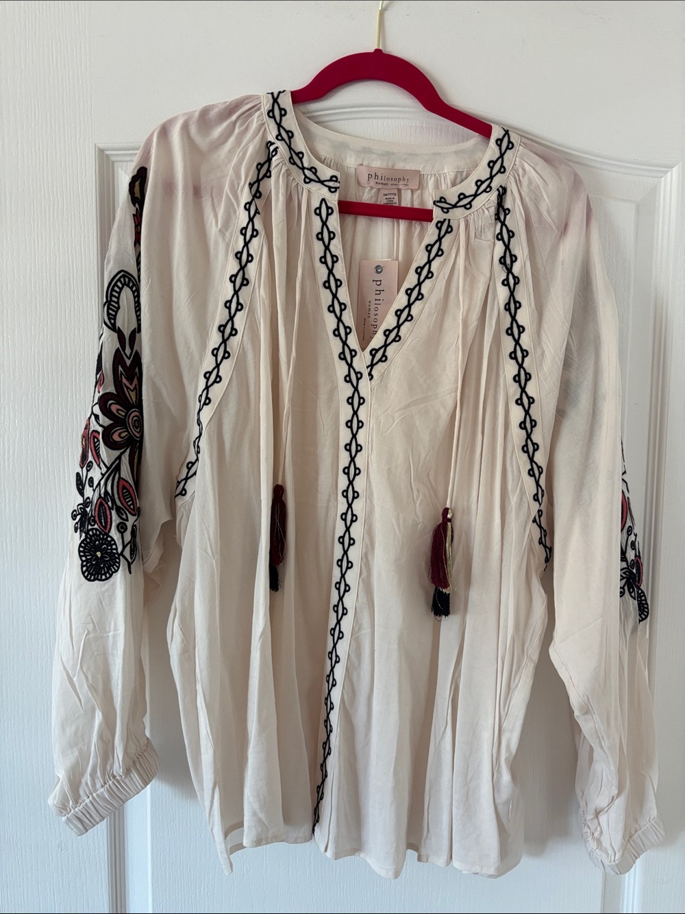 NWT Philosophy Cream Peasant Tunic with Embroidery and Maroon/Blk Tassels SZ 3X